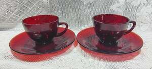 2 Vintage Anchor Hocking Tea / Coffee Cups & Saucers Ruby Red Glass